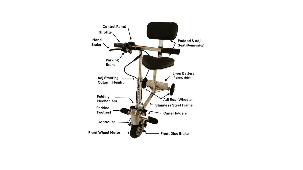 Lightweight Foldable Mobility Scooter - Folding 3-Wheel Travel Design - Stainless Steel Frame